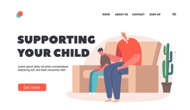 Ebeveyn Karakter Desteği Çocuk İniş Şablonu. Baba ve Oğul Koltukta Oturuyor Konuş, Sorunları Paylaş. Baba ve Oğlan