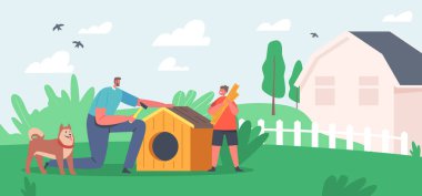 Baba ve Oğul İnşaat veya Kır Evi 'ndeki Köpek Kulübesi. Mutlu Aile Karakterleri Birlikte Zaman Geçirir, Baba ve Oğlan