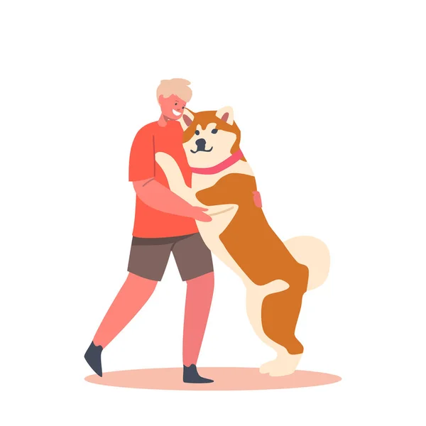Infância, Amor e Ternura aos Animais Conceito com Happy Kid Abraço Shiba Inu Dog, Personagem Criança Acariciar com Pet — Vetor de Stock