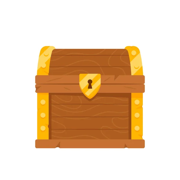 Caixa de madeira fechada com Golden Fetter e Key Hole. Caixa do tesouro com dinheiro de ouro, riqueza ou pirata peito Loot — Vetor de Stock