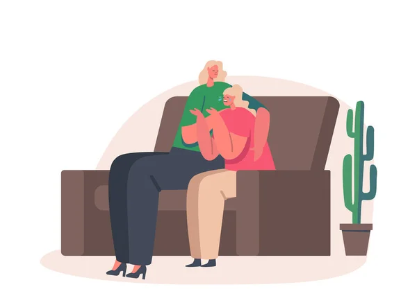 Mère réconfortante enfant assis sur le canapé dans la chambre. Maman et fille parlant de problèmes, soutien parental pleurer fille — Image vectorielle