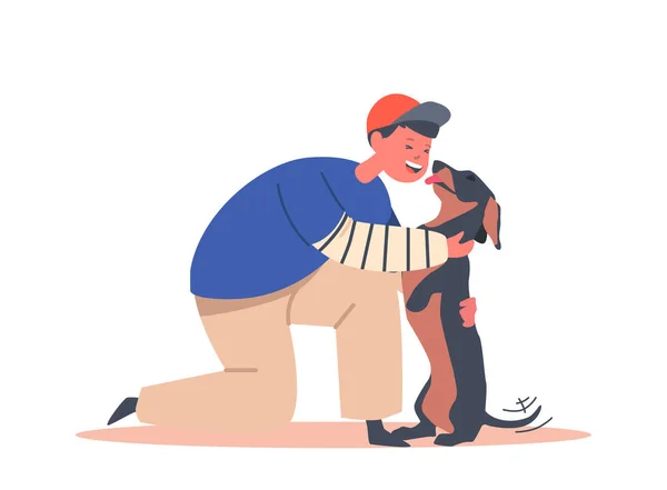 Perro de amor infantil, concepto de ternura hacia los animales, abrazo de niño preadolescente y caricia divertido Dachshund, acurrucamiento de niño pequeño con mascota — Vector de stock