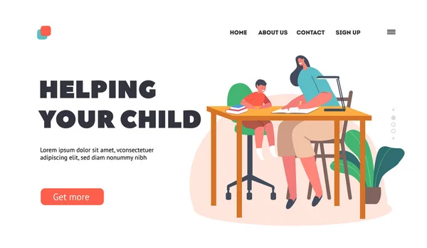 Mamá prepara al niño para la plantilla de la landing page de la escuela. Personajes felices aprendiendo lecciones juntos. Madre apoyo hijo — Vector de stock