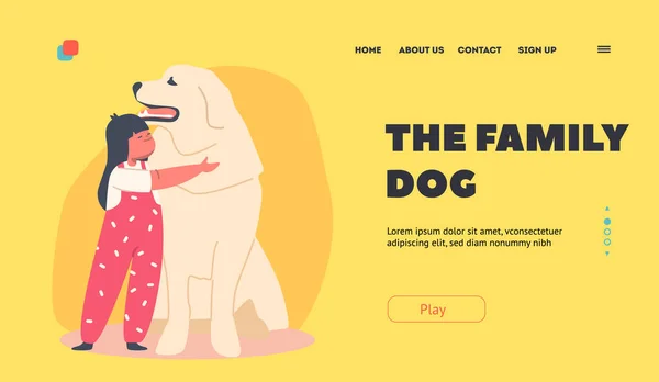 Liebe zu Tieren, Familienhund Landing Page Template. Lustiges Mädchen umarmt riesigen Retriever-Hund, Kind kuschelt mit Haustier — Stockvektor