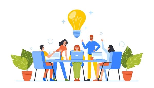 Business Characters Group Work Together Developing Creative ideas (dalam bahasa Inggris). Pengusaha Teamwork, Pegawai Kantor Brainstorm - Stok Vektor