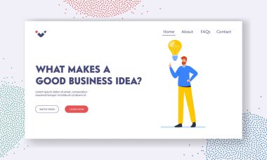 Yaratıcı Fikir İniş Sayfa Şablonu. Ampullü İşadamı Karakteri Proje İçin İlham ve Öngörüye Sahip