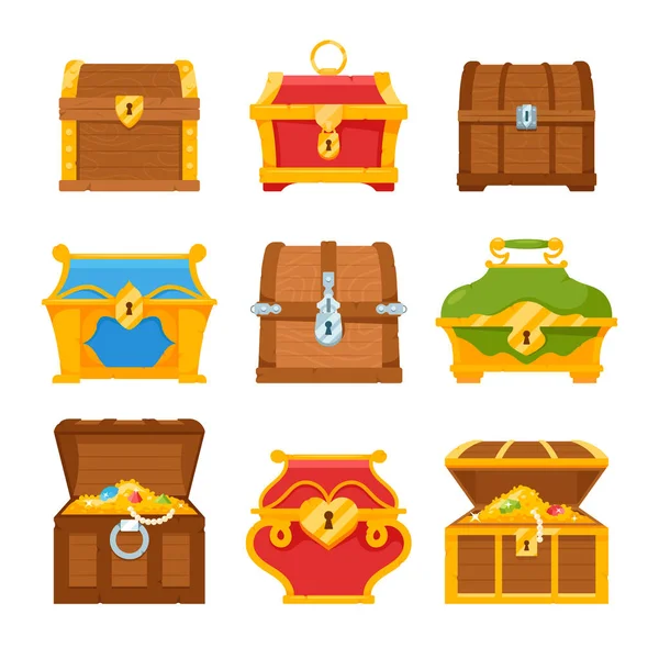 Ustaw skrzynie skarbów. Fantasy Pirate Drewniane pudełka ze złotymi monetami, klejnotami, średniowieczną kolekcją skarbów — Wektor stockowy