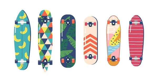 Σύνολο Modern Teenager Skateboards με Graphic Prints Bottom View Απομονωμένο σε Λευκό Φόντο. Αστικός Πολιτισμός για Εφήβους — Διανυσματικό Αρχείο