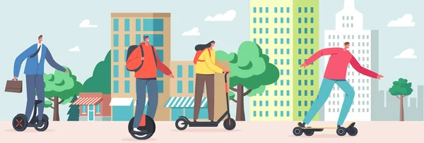 Personnages Riding Electric Transport in Modern City, Save Ecology Concept. Les gens utilisent Scooter, Hoverboard, Monowheel — Image vectorielle