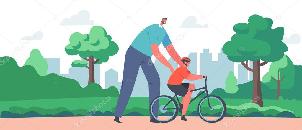 Parenting, Fatherhood. Dad Teach Son to Ride Bike in City Park for the First Time. Father Teach Kid Boy Cycling Outdoor