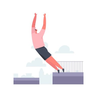 Çatıdan Düşen Genç Adam ya da Şehirdeki Parkour Atlama Numaraları Yüksek Duvarı. Kentsel Spor Yaşam Tarzı