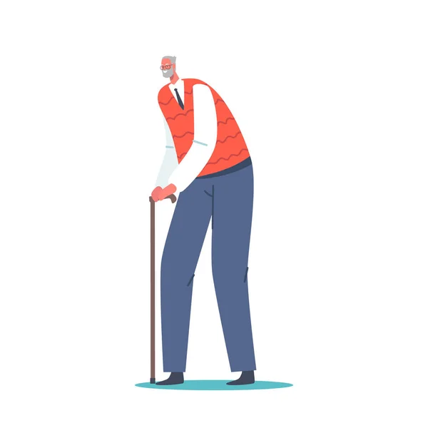 Gevoeligheid, ouderdom concept. Senior Man, Verouderde Grootvader Bewegend met hulp van Walking Cane. Oudere grijze harige karakter — Stockvector