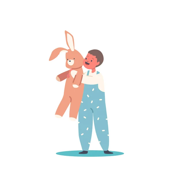 Діти бавляться іграшками. Kid with Plush Rabbit, Boy in Overalls Fun and Recreation Isolated on White Background — стоковий вектор