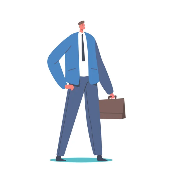 Hombre de negocios confiado sonriente, alegre traje formal masculino con traje formal azul con maletín en mano aislado en blanco — Vector de stock