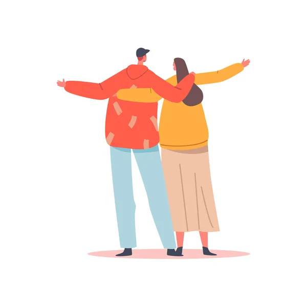 Male and Female Characters Hug Rear View. Love, Friendship, Connection, Romance Feelings Concept. Happy Man and Woman — Stock Vector