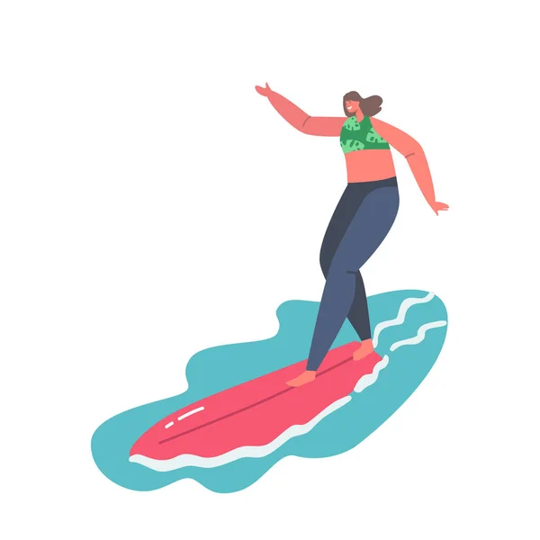 Mujer joven Surfer personaje en desgaste de natación Tratando de mantener el equilibrio y la captura de la ola de mar grande en la tabla de surf. Surf — Vector de stock