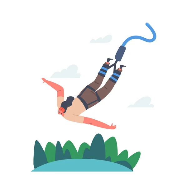 Atividade Esportiva Extrema, Bungee Jumping Concept. Corajoso personagem feminino pular com corda de grande altura. Diversão Recreação — Vetor de Stock