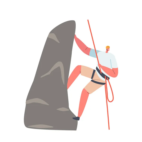 Extreme Sport, Hiking and Leisure Activity Concept. Young Climber Male Character Climbing the Mountain. Man with a Rope — Stock Vector