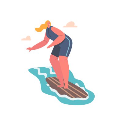 Sörf Tatili Aşırı Boş Zaman, Eğlence. Ocean 'da eğlence. Yüzmede Genç Kadın Sörfçü Karakteri Dalgalı Deniz Dalgası Giyer