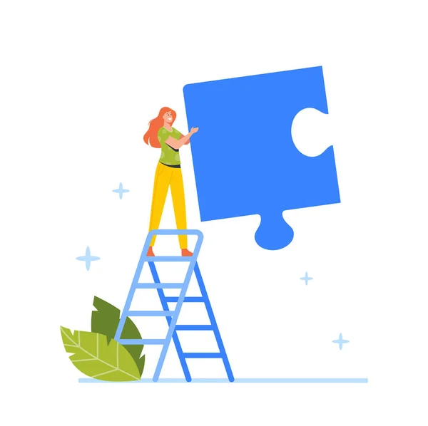 Jonge vrouw staan op Ladder met enorme puzzel stuk in handen. Samenwerking in teamverband, Taakoplossing, Creatief Idee — Stockvector