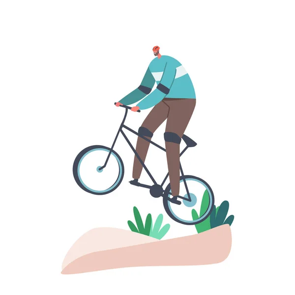 Bike Rider Competition, Outdoor Summer Extreme Sport. Cyclist Sportsman in Sports Wear and Helmet Riding Mountain Bike — Stock Vector