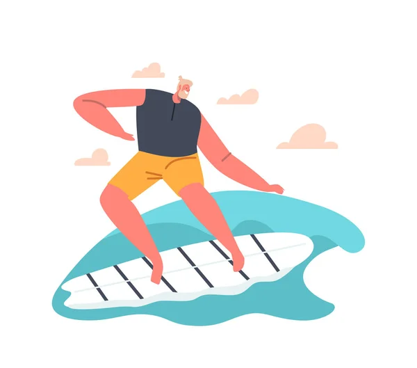 Mladý muž Surfer v plavat nosit rovnováhu na palubě na koni Big Sea Wave. Charakter Summertime Aktivní životní styl — Stockový vektor