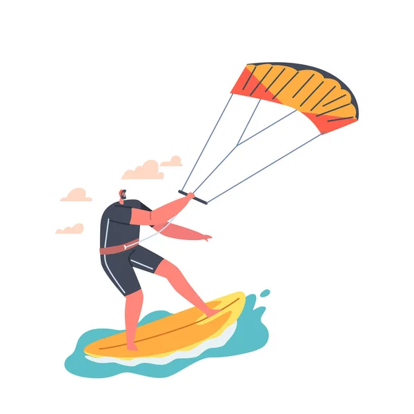 Loisirs de planche à voile dans l'océan. Jeune homme surfeur personnage dans Swim Wear Riding mer vague à bord avec parachute — Image vectorielle