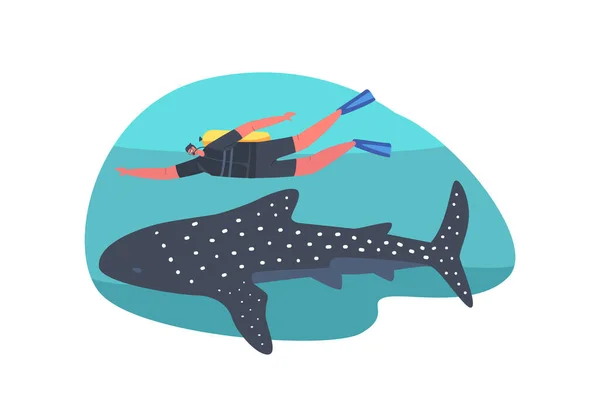 Man Scuba Diver in Badeanzug, Schwimmflossen und Maske Schwimmen mit Hai. Extreme Unterwasseraktivitäten, gefährliches Hobby — Stockvektor