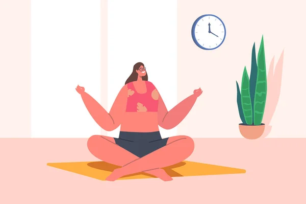 Mujer Meditando sentada en Lotus Pose en Light Hall. Yoga en interiores, Estilo de vida saludable, Relajación, Equilibrio emocional — Vector de stock