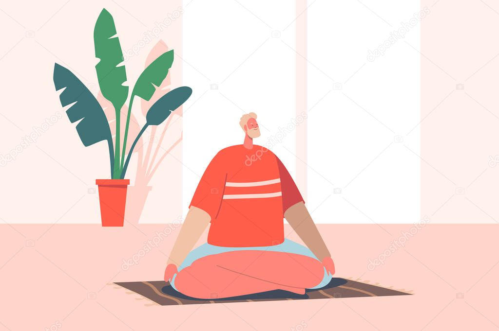 Man Meditating Indoors in Light Hall Sitting in Yoga Asana Lotus Pose. Healthy Lifestyle, Relaxation, Emotional Balance