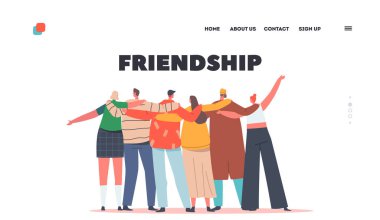 Arkadaşlık Günü Kutlama İniş Sayfa Şablonu. Dostlar Arkası Bakışlı Kucaklaşma. Çeşitli Çok Irklı Karakterler Sarılıyor