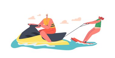Su Kayağı Ekstrem Spor Aktivitesi. Ocean Waves 'de kayak yapan mutlu kadın. Erkek ve Kadın Karakterler Yaz Eğlencesi Yaşıyor