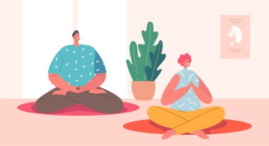 Rahatlama Duygusal Denge, İçerde Meditasyon yapan Mutlu İnsanlar, Lotus Pozu 'nda Yoga Sınıfında Oturan Erkek ve Kadın