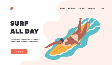 Sörf Eğlencesi İniş Sayfa Şablonu. Bikini 'deki Genç Sörfçü Karakteri Sörf tahtasında Eller Dalgayı Yakalıyor