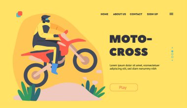 Motokros İniş Sayfa Şablonu. Motosikletli Adam Ekstrem Faaliyet, Rekabet. Speed Racing Rallisi, Motorsiklet Karakteri