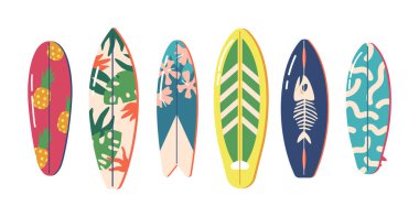 Vintage Renkler ve Tarzlar Sörf Tahtaları Koleksiyonu. Sörf Masaları Palmiye Yaprakları, Çiçekler, Balık Kemikleri ve Ananaslar