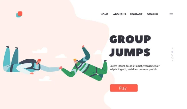 Grupphopp Landning Page Template. Fallskärmshoppning Extrema aktiviteter, Skydiver rekreation. Fallskärmshoppare som håller händerna — Stock vektor