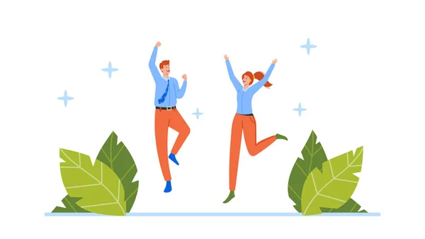 Happy Business People Team Jumping Celebrando o Projeto de Sucesso. Profissionais Funcionários celebram vitória —  Vetores de Stock