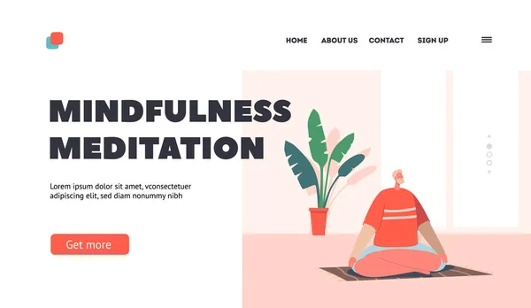 Plantilla de página de aterrizaje de meditación Mindfulness. Hombre Meditando Interior en Salón de la Luz Sentado en Yoga Asana Lotus Pose — Archivo Imágenes Vectoriales