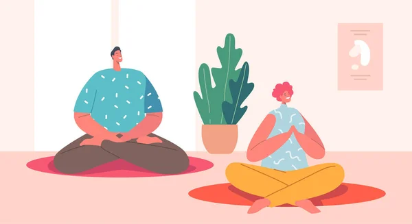 Relax equilibrio emotivo, persone felici che meditano all'interno, maschio e femmina seduto in classe di yoga a Lotus Pose — Vettoriale Stock