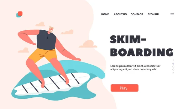 Skim Boarding Landing Page Vorlage. Junger Mann surft im Badeanzug und hält das Gleichgewicht auf der Welle — Stockvektor