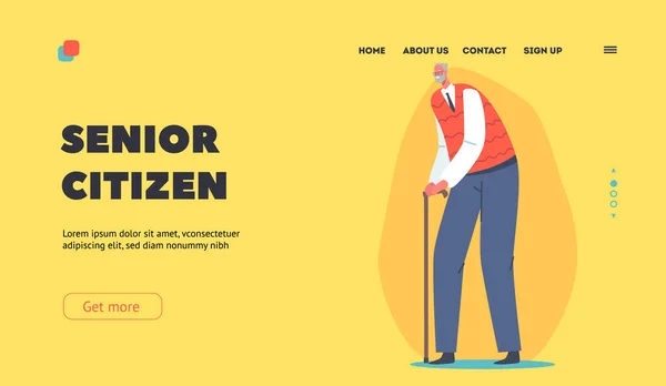 Senior Citizen, Senility, Old Ages Landing Page Template. Uomo anziano, che si muove con Bastone che cammina. Anziani capelli grigi Maschio — Vettoriale Stock