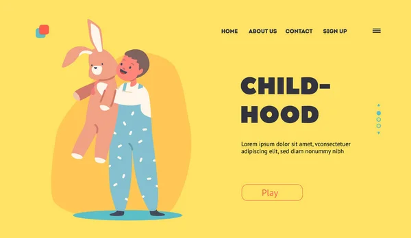 Gyerekkori landolás oldal Sablon. A kisgyerek játszik a játékkal. Kid with Rabbit, Boy in Blue Overalls Szórakozás és kikapcsolódás — Stock Vector