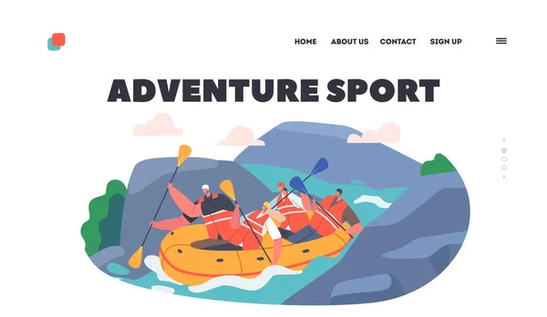 Rafting Aventura Esporte Landing Page Template. Desportistas remando em barco de borracha descendo o Rocky Mountain River — Vetor de Stock