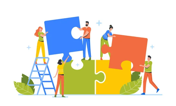 Businespeople Teamwork, Office Employees Group Stand on Ladder Set Up Huge Colorful Separated Puzzle Pieces Together — 스톡 벡터