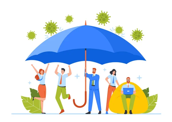 Geschäftsleute jubeln, tanzen und springen unter einem riesigen Regenschirm, der sich vor Coronavirus-Zellen versteckt. Covid-Virus stoppen — Stockvektor