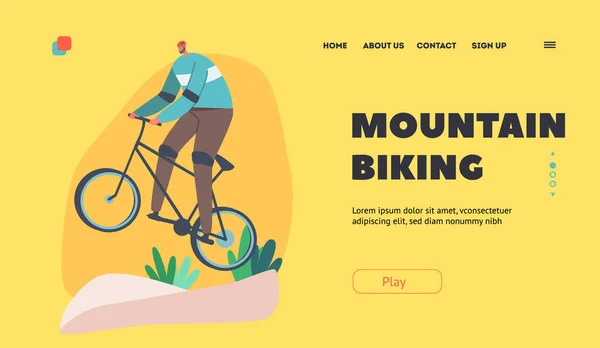 Montanha Bicicleta Landing Page Template. Ativo ao ar livre verão Extreme Sport. Ciclista desportista personagem equitação bicicleta — Vetor de Stock