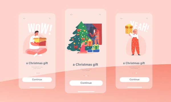 Pagina dell'app mobile dei regali di Natale Modello a bordo dello schermo. Happy Family Celebration, Regali aperti per bambini, Celebrare la vigilia — Vettoriale Stock