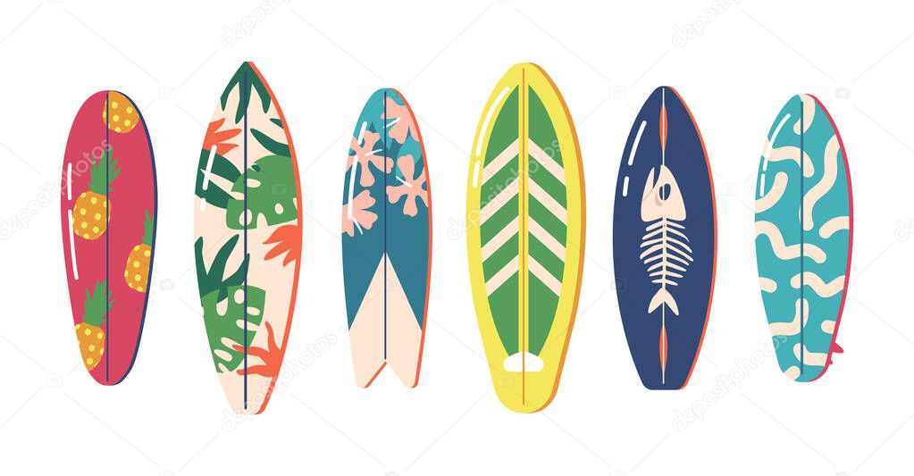 Surfboards Collection of Vintage Colors and Styles. Surfdesks Pattern of Palm Leaves, Flowers, Fish Bones and Pineapples