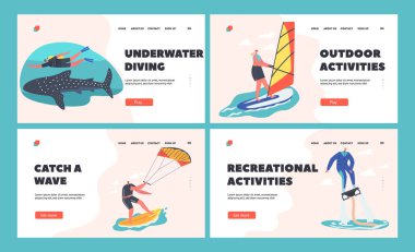 Extreme Water Sports Activity Landing Page Şablonu. Rüzgar sörfü, uçan sörf tahtası, Jet Ski ve köpekbalıklarıyla dalış